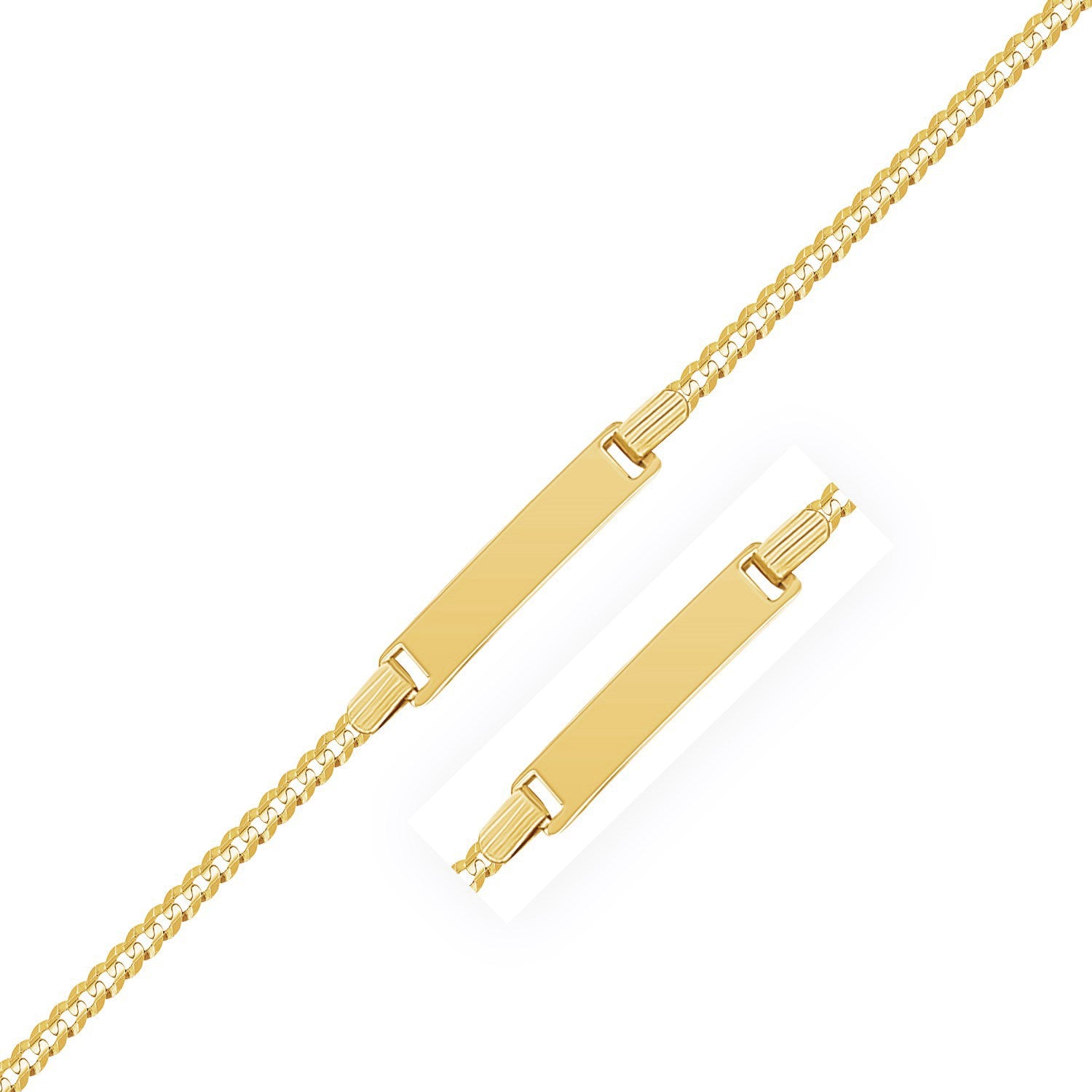 14k yellow gold curb link children's ID bracelet with a polished rectangular plate.