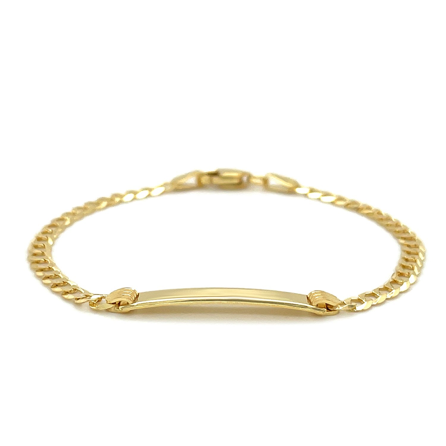 14k yellow gold curb link children's ID bracelet with a polished bar.