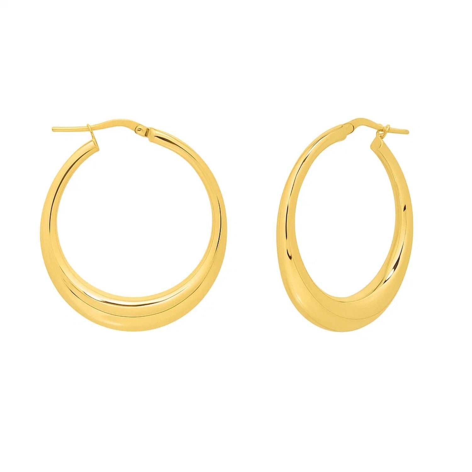 Pair of 14K yellow gold oval electroform hoop earrings with hinged snap backs.