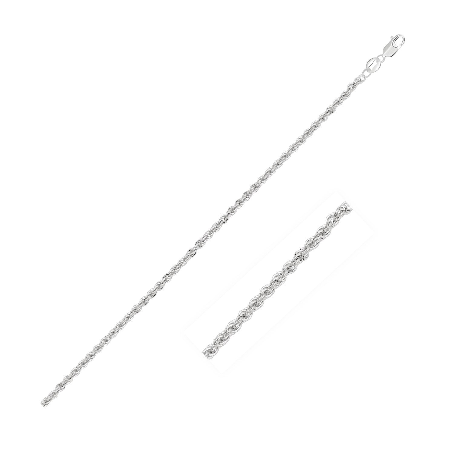 A 14k white gold light rope chain with a lobster clasp.
