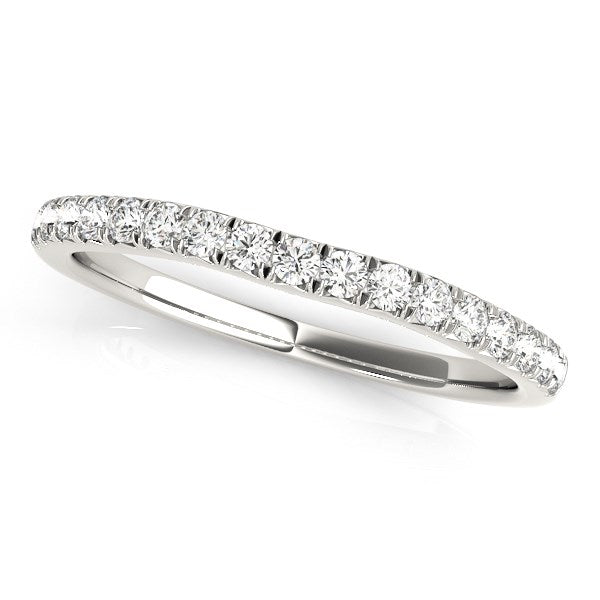 14k white gold curved wedding ring with 17 round diamonds in a prong setting.