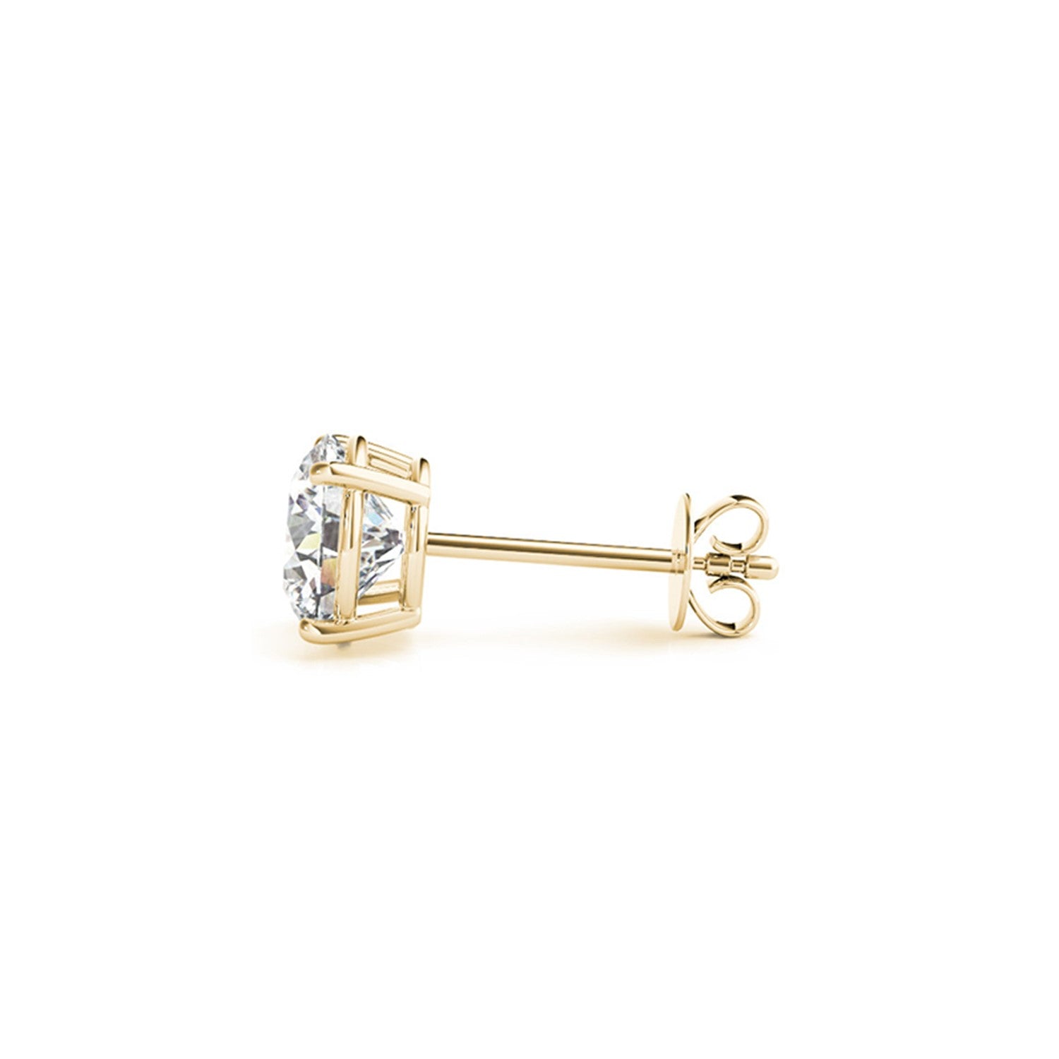 A single round lab-grown diamond stud earring in a yellow gold four-prong setting with a push back.