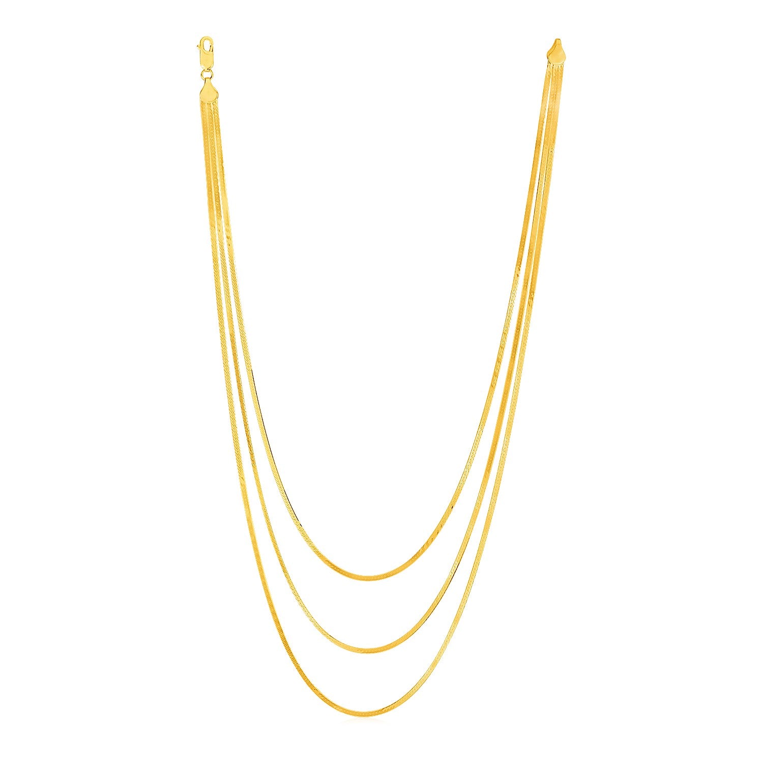 14k yellow gold three-strand herringbone chain necklace with a lobster clasp.