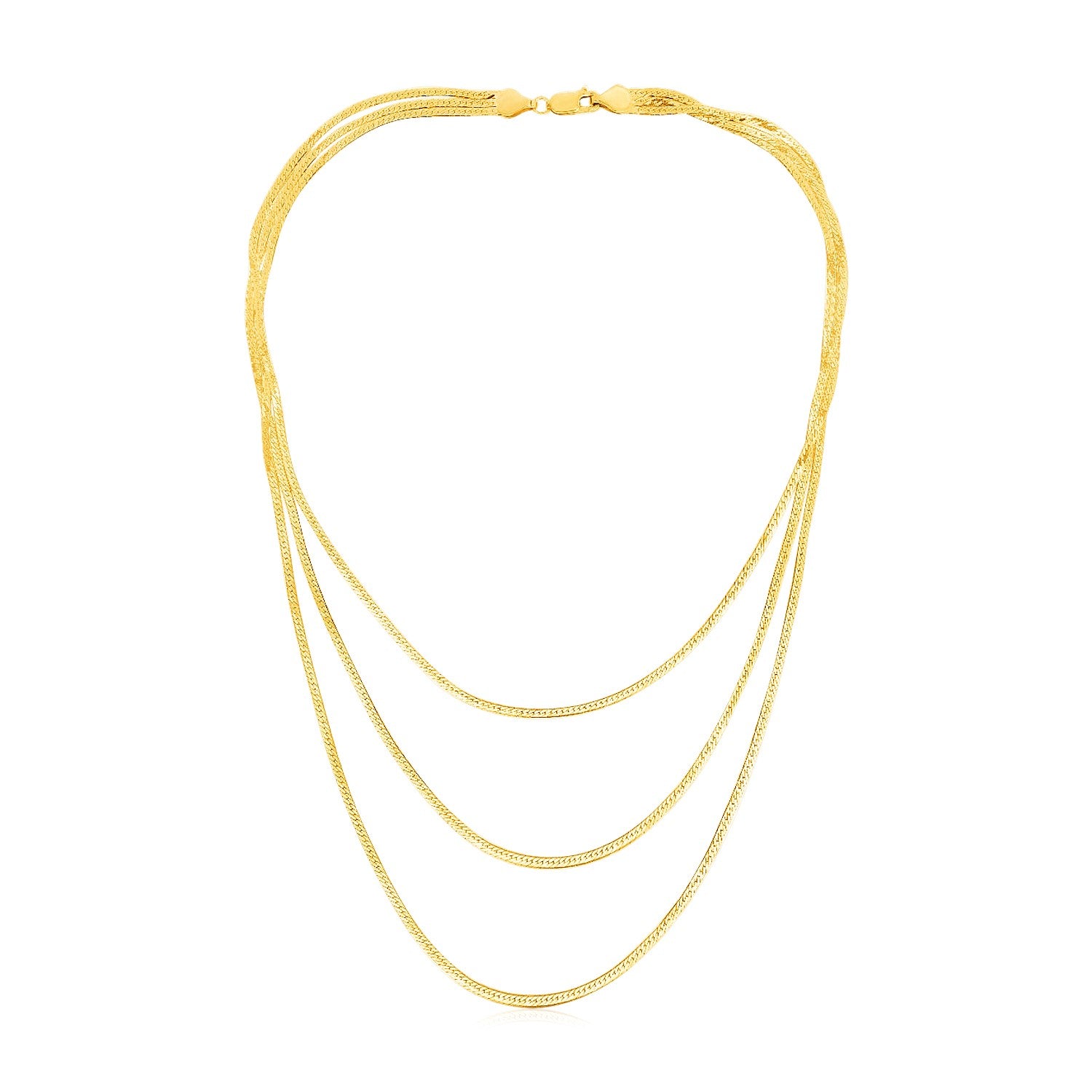 A 14k yellow gold three-strand herringbone chain necklace with a lobster clasp.