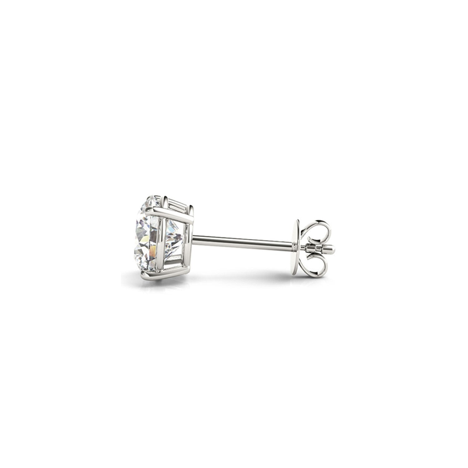 A single round lab-grown diamond stud earring in a four-prong white gold setting with a push back.