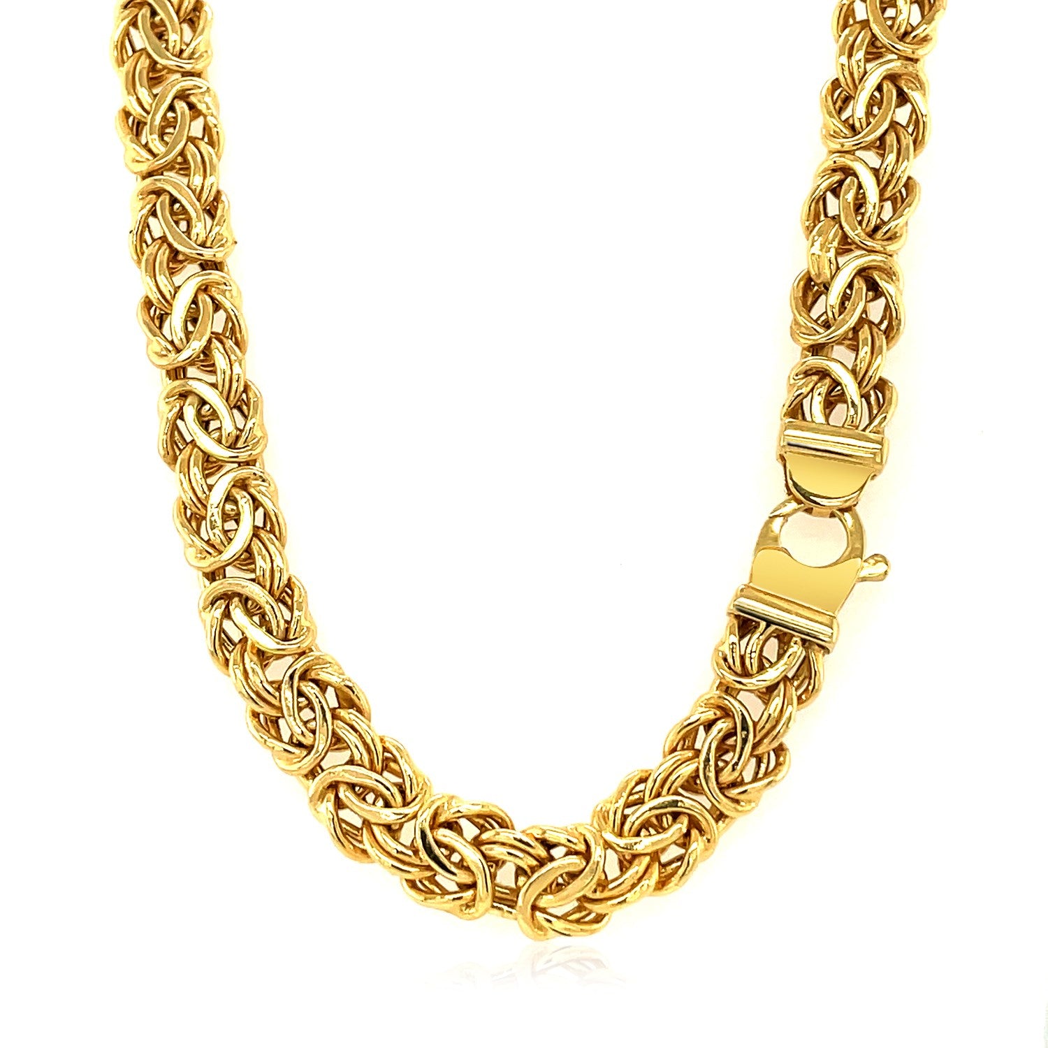 14k yellow gold Byzantine chain necklace with a lobster clasp.