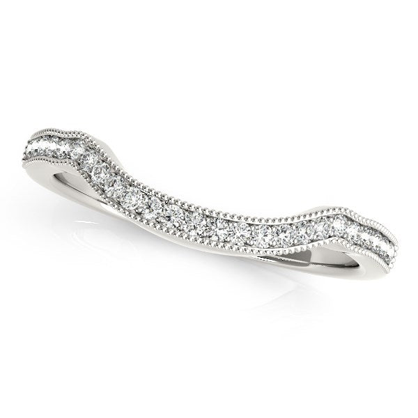 14k white gold curvy diamond wedding band with pave set round diamonds.