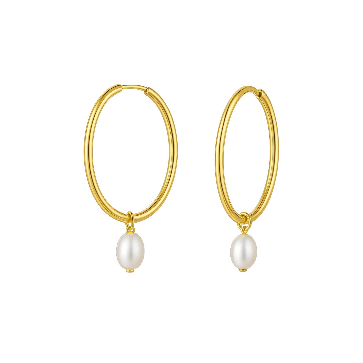 14K yellow gold oval hoop earrings with a single freshwater pearl drop.