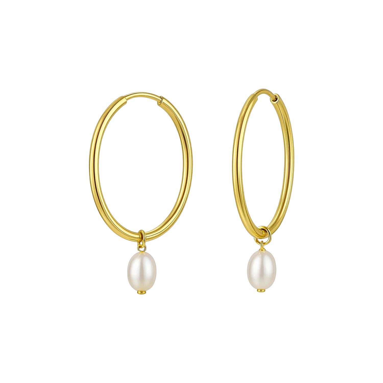 Pearl drop oval earrings in 14K yellow gold.