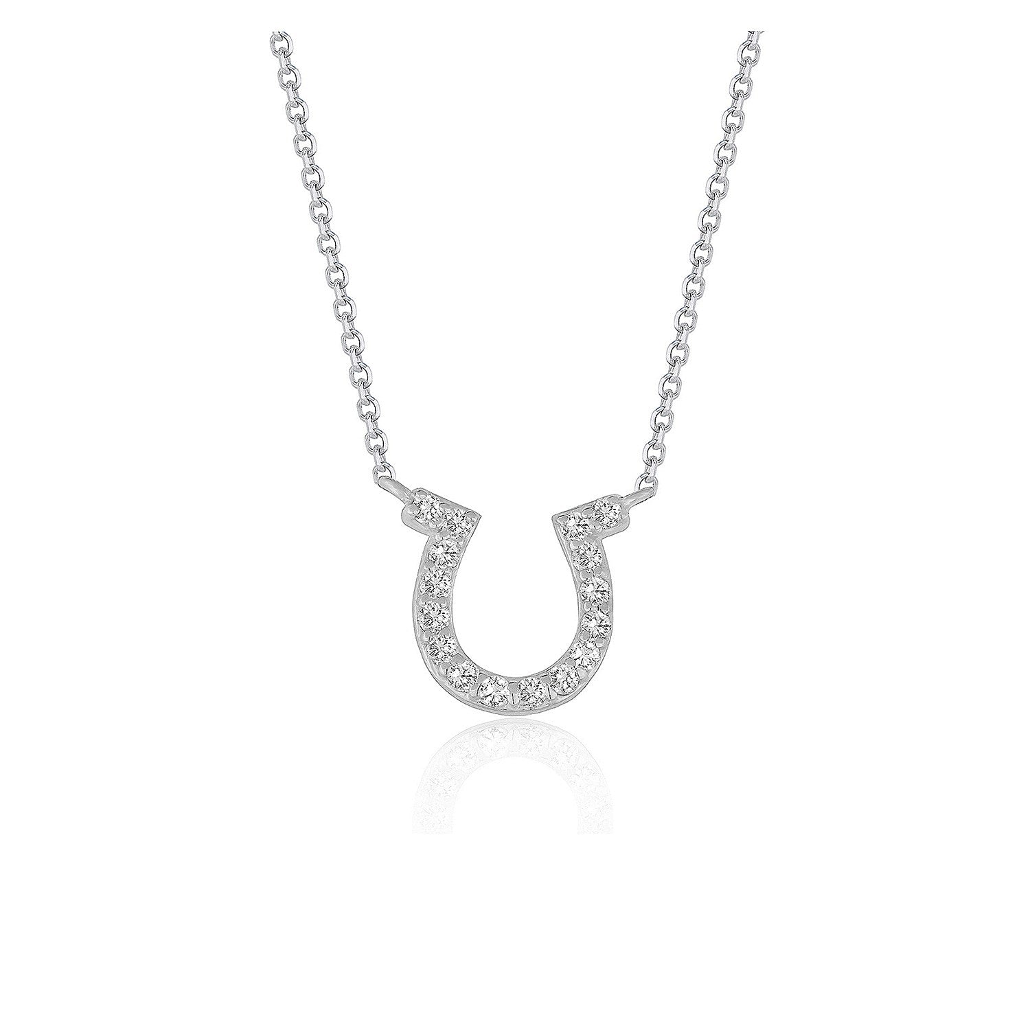 14k white gold horseshoe diamond pendant on a cable chain with a reflection.