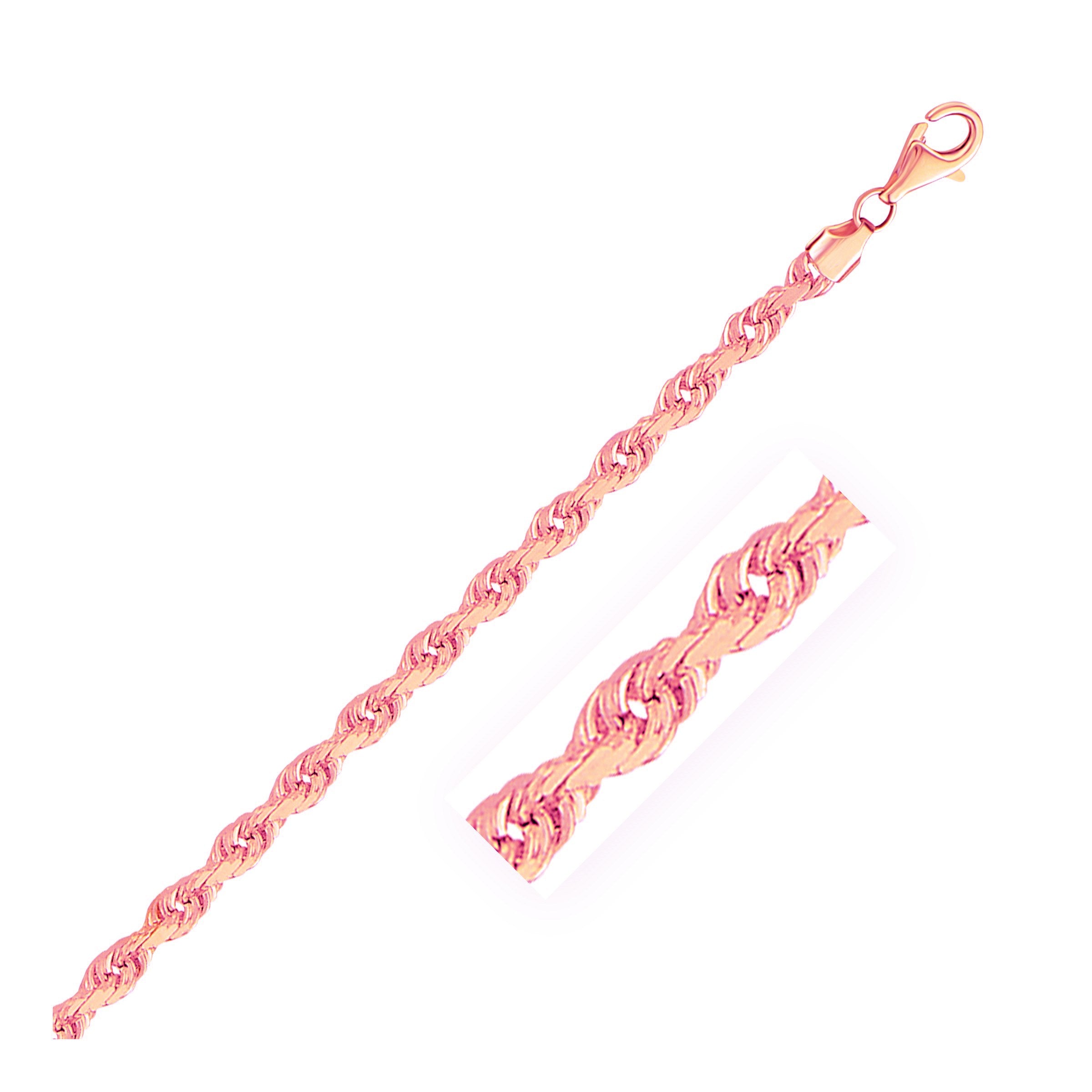 14k rose gold solid diamond cut rope bracelet with a lobster clasp.