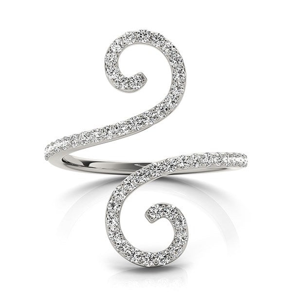14k white gold open flourish style ring with prong-set round diamonds.