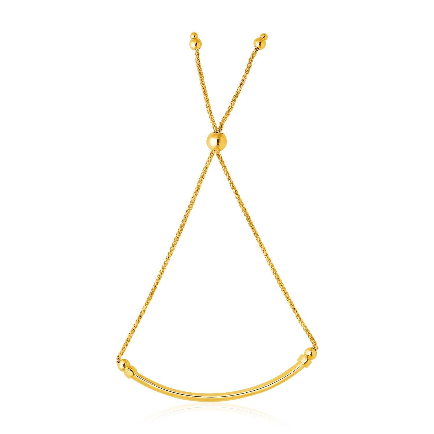 14k yellow gold lariat bracelet with a smooth, curved bar.