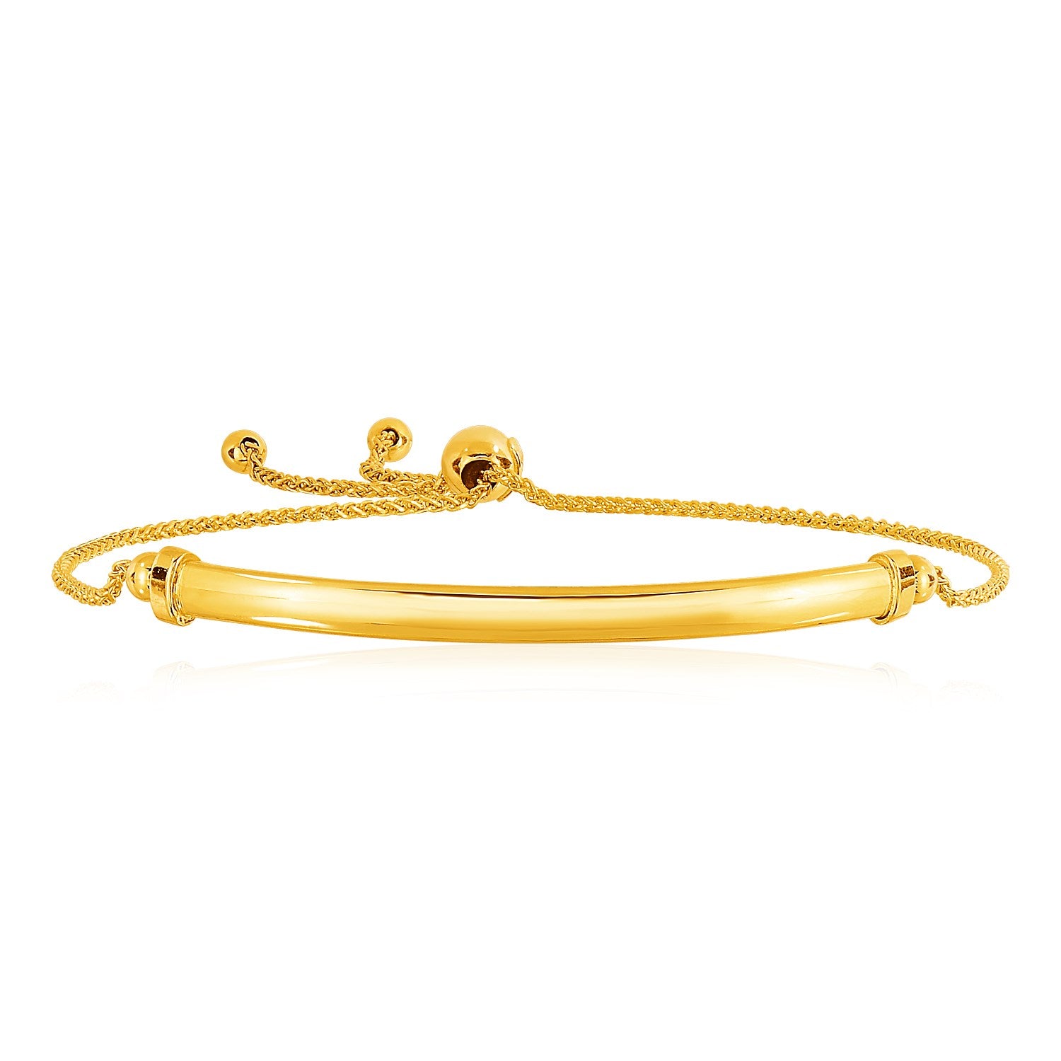 14k yellow gold lariat bracelet with a smooth, curved bar.