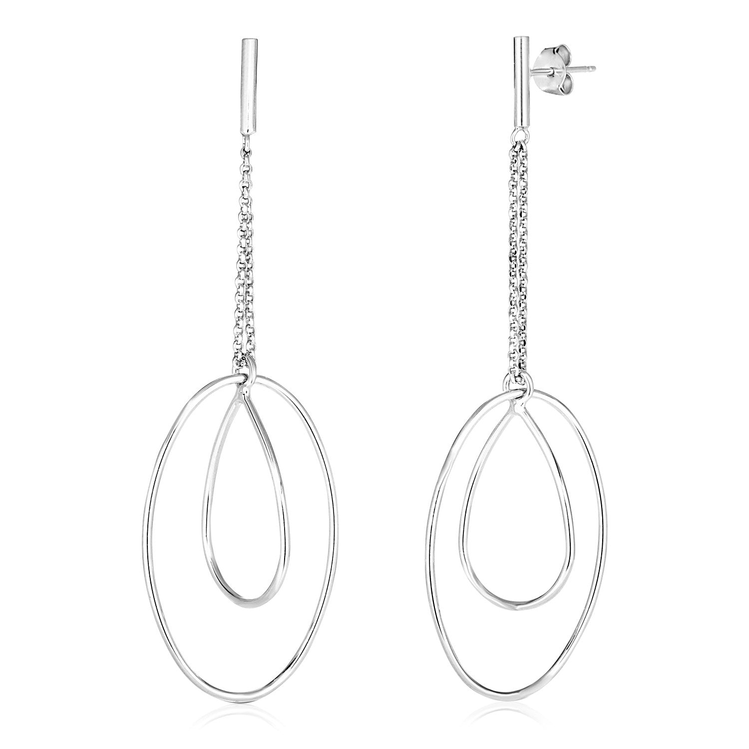 Sterling silver dangle earrings feature a polished bar, chain, and two intertwined oval and teardrop shapes.