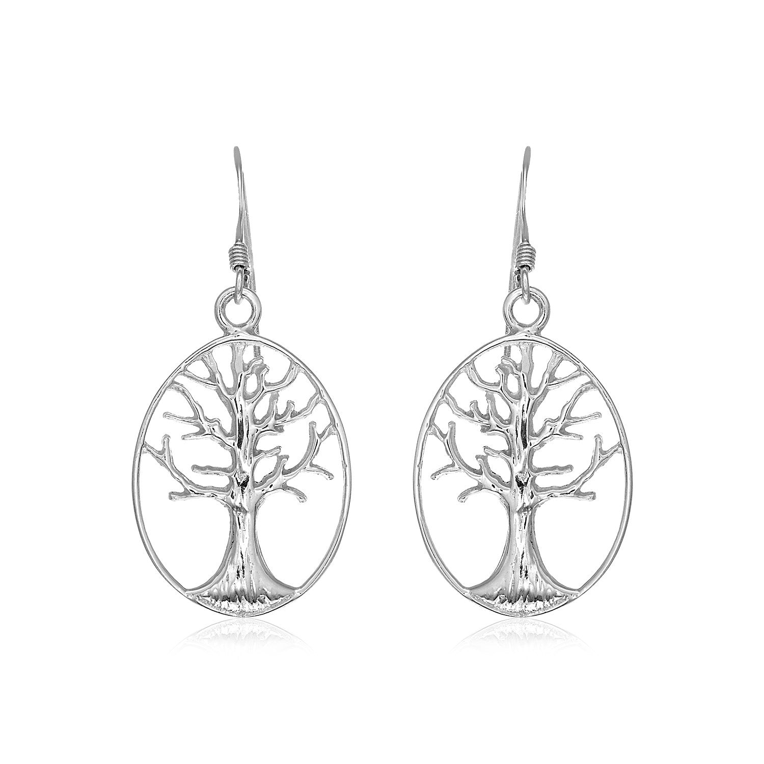 Sterling silver oval Tree of Life dangle earrings with a reflective surface.