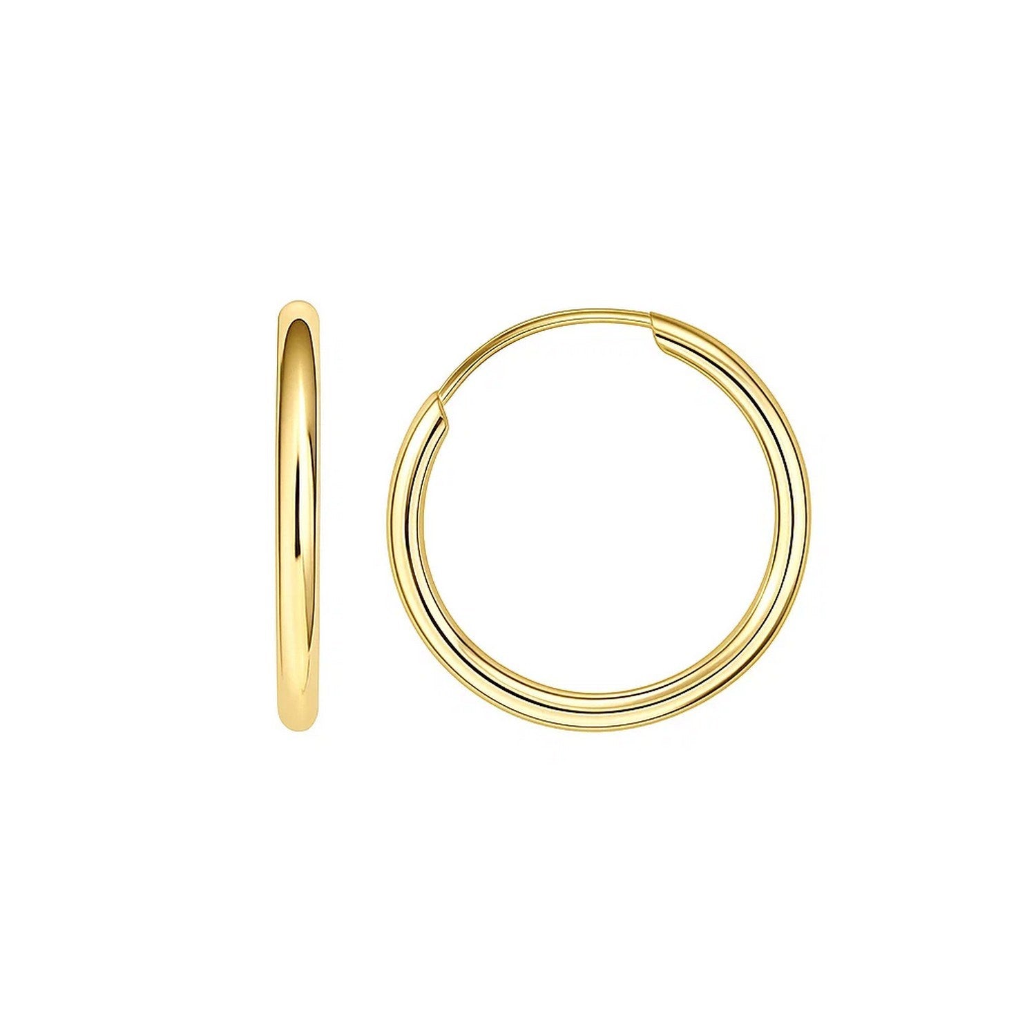 A pair of polished 10k yellow gold endless hoop earrings.