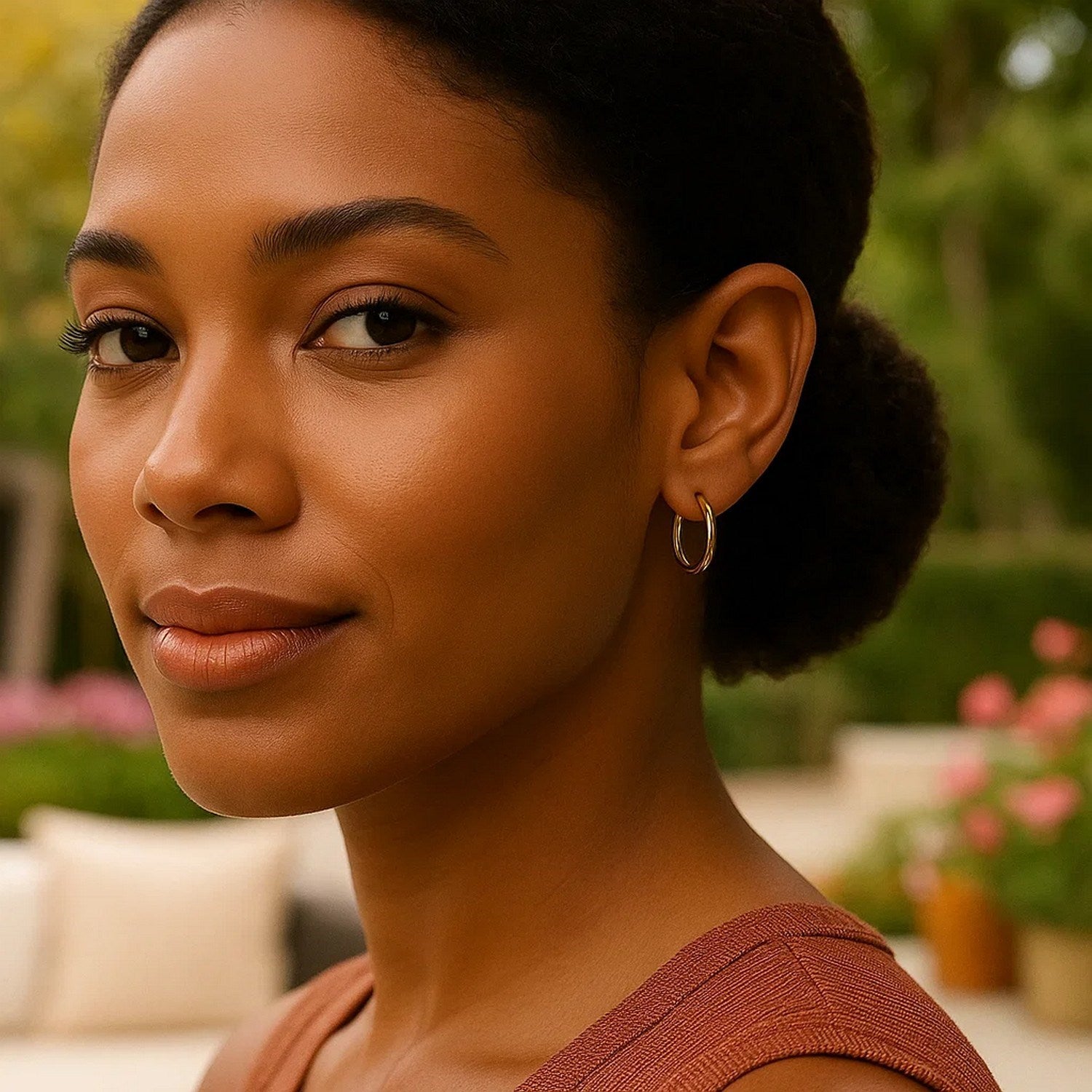 10k yellow gold polished endless hoop earrings on a woman.