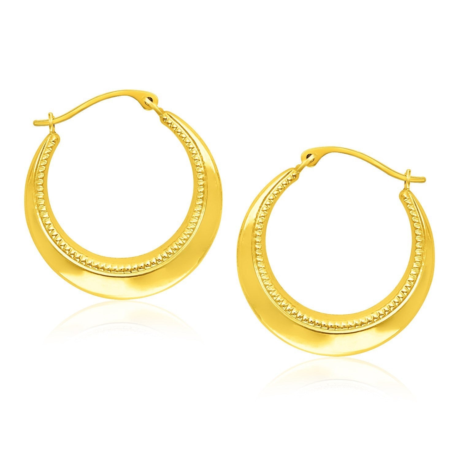 14k yellow gold round hoop earrings with rope texture detailing.