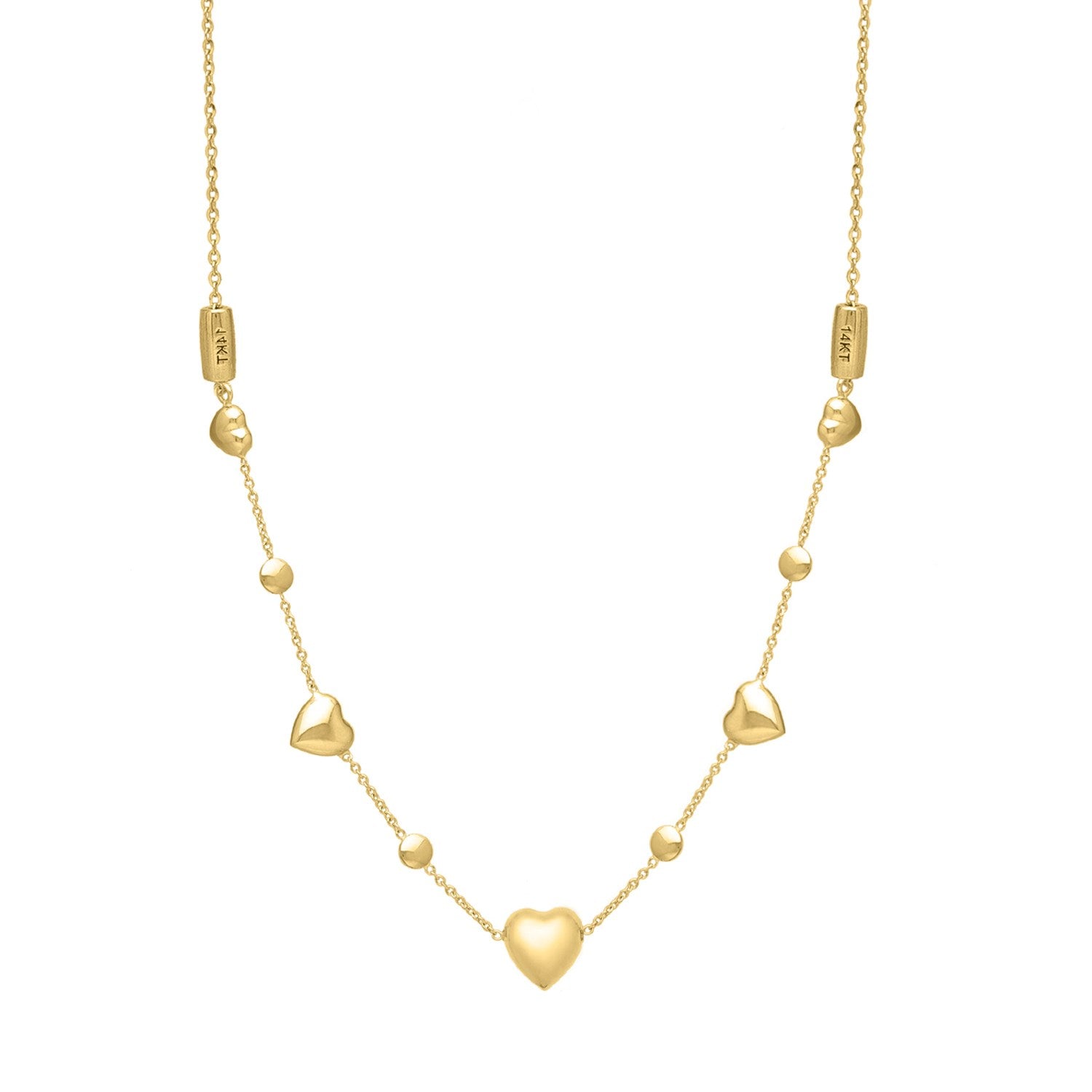 14k yellow gold puff heart adjustable necklace with alternating hearts and beads.