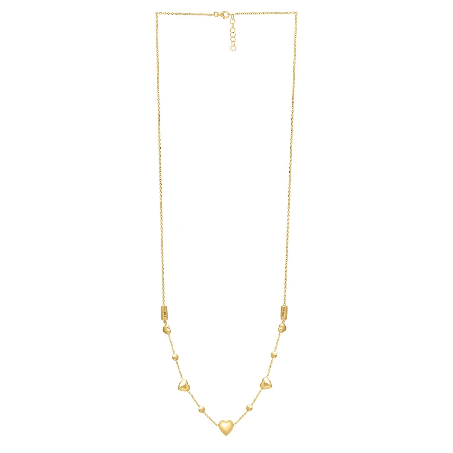 14k yellow gold necklace with puff hearts and small beads.