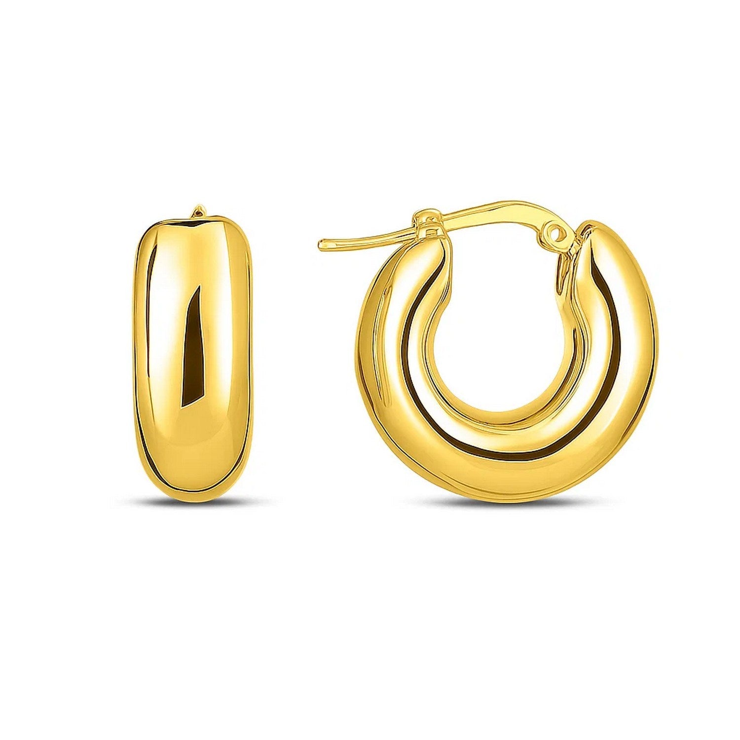 A pair of 14k yellow gold small puffy hoop earrings with a hinged snap back.