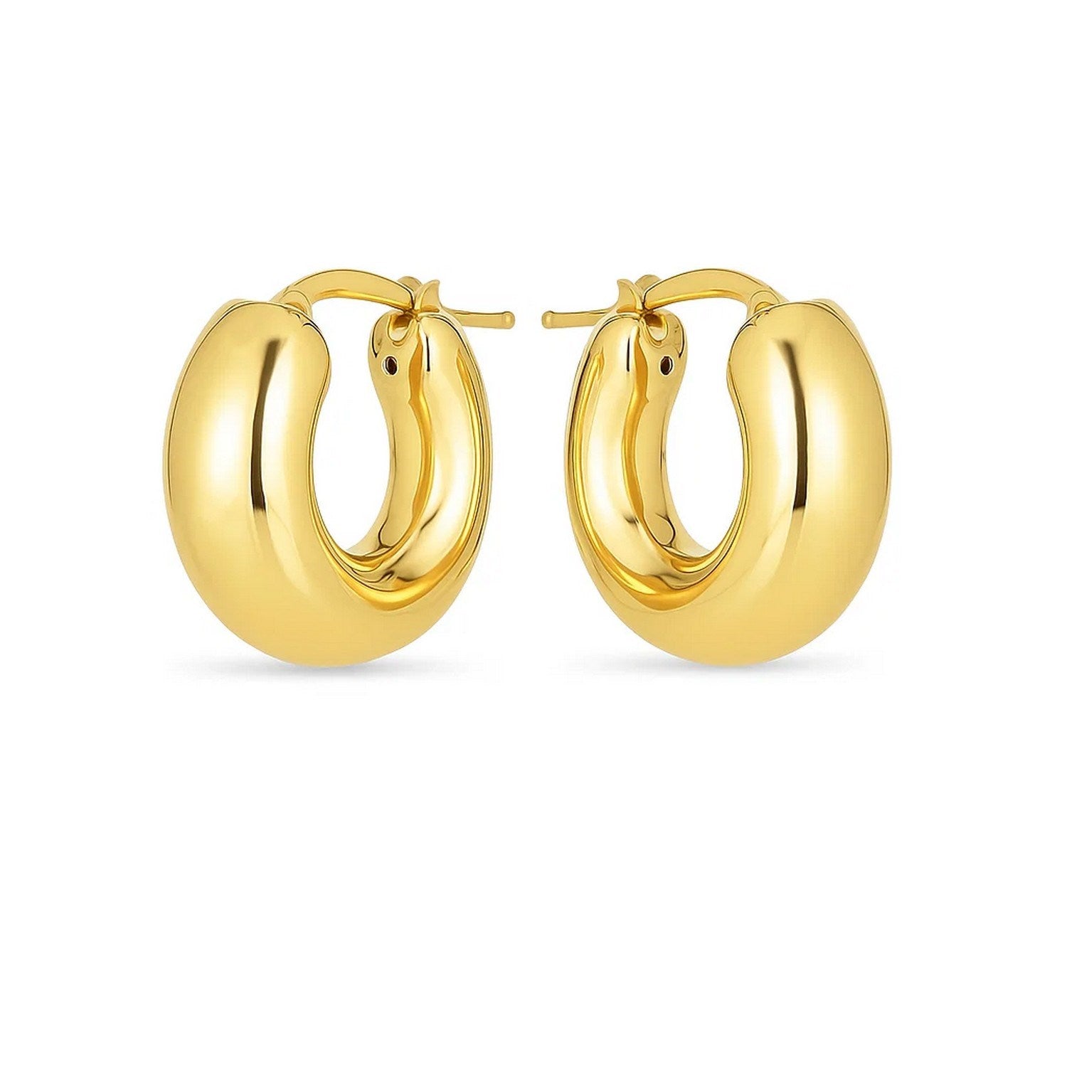 Pair of 14k yellow gold small puffy hoop earrings with a high polish finish.