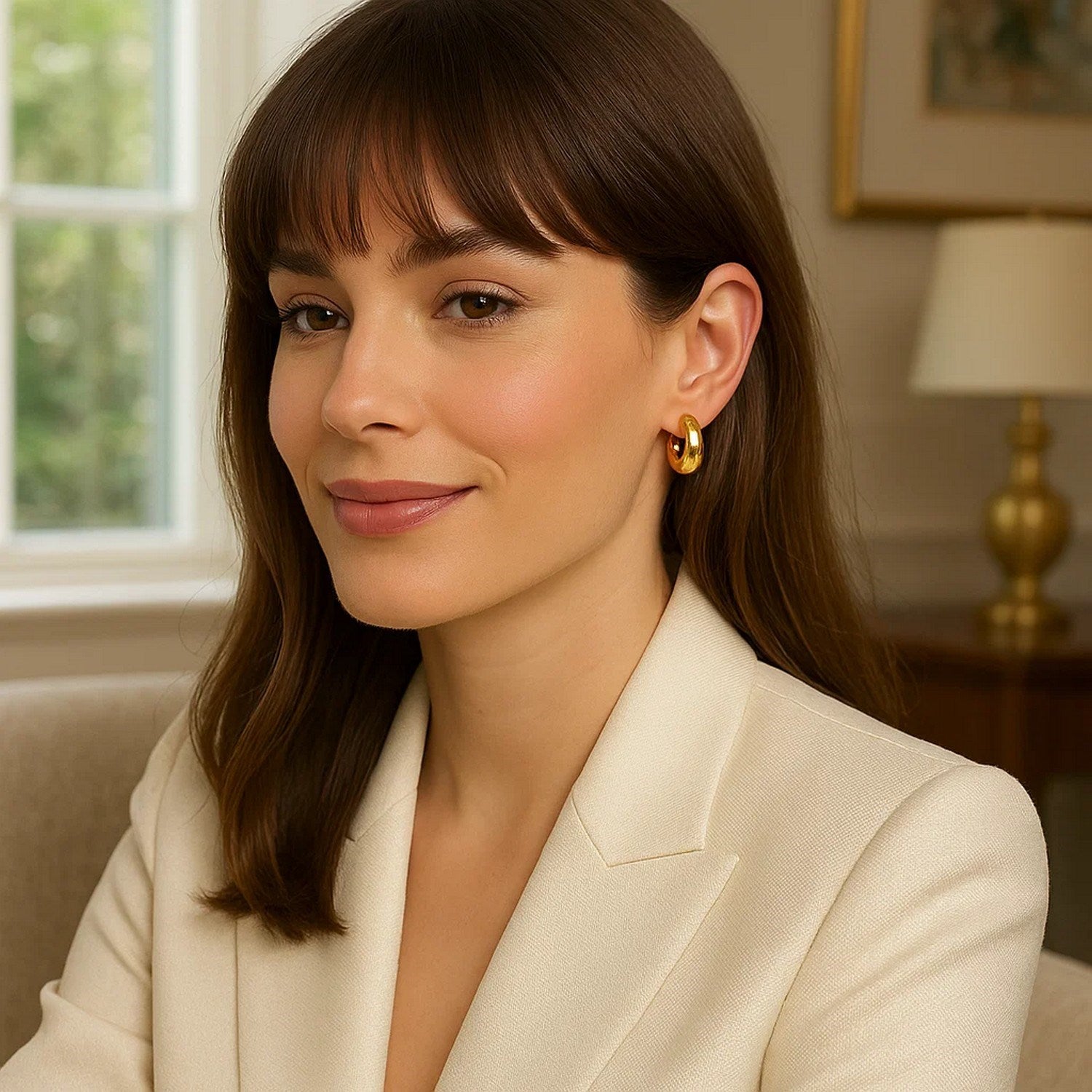 14k yellow gold small puffy hoop earrings on a woman.