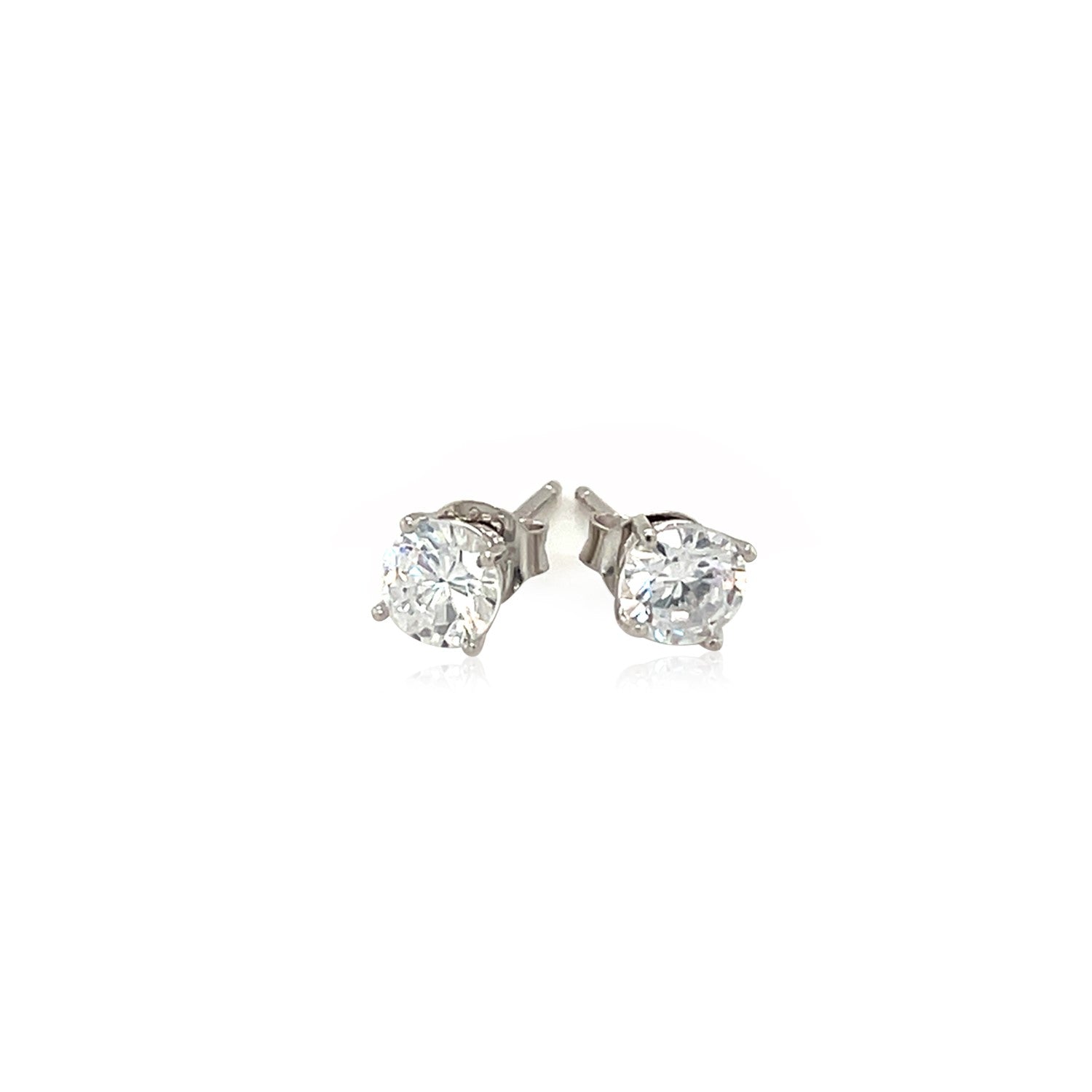 A pair of sterling silver stud earrings with 5mm round white cubic zirconia.