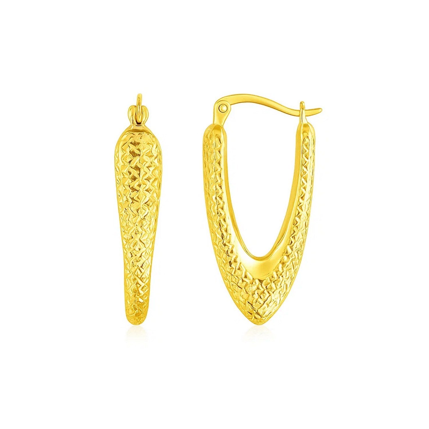 14k yellow gold V-shaped puffed hoop earrings with a textured finish.