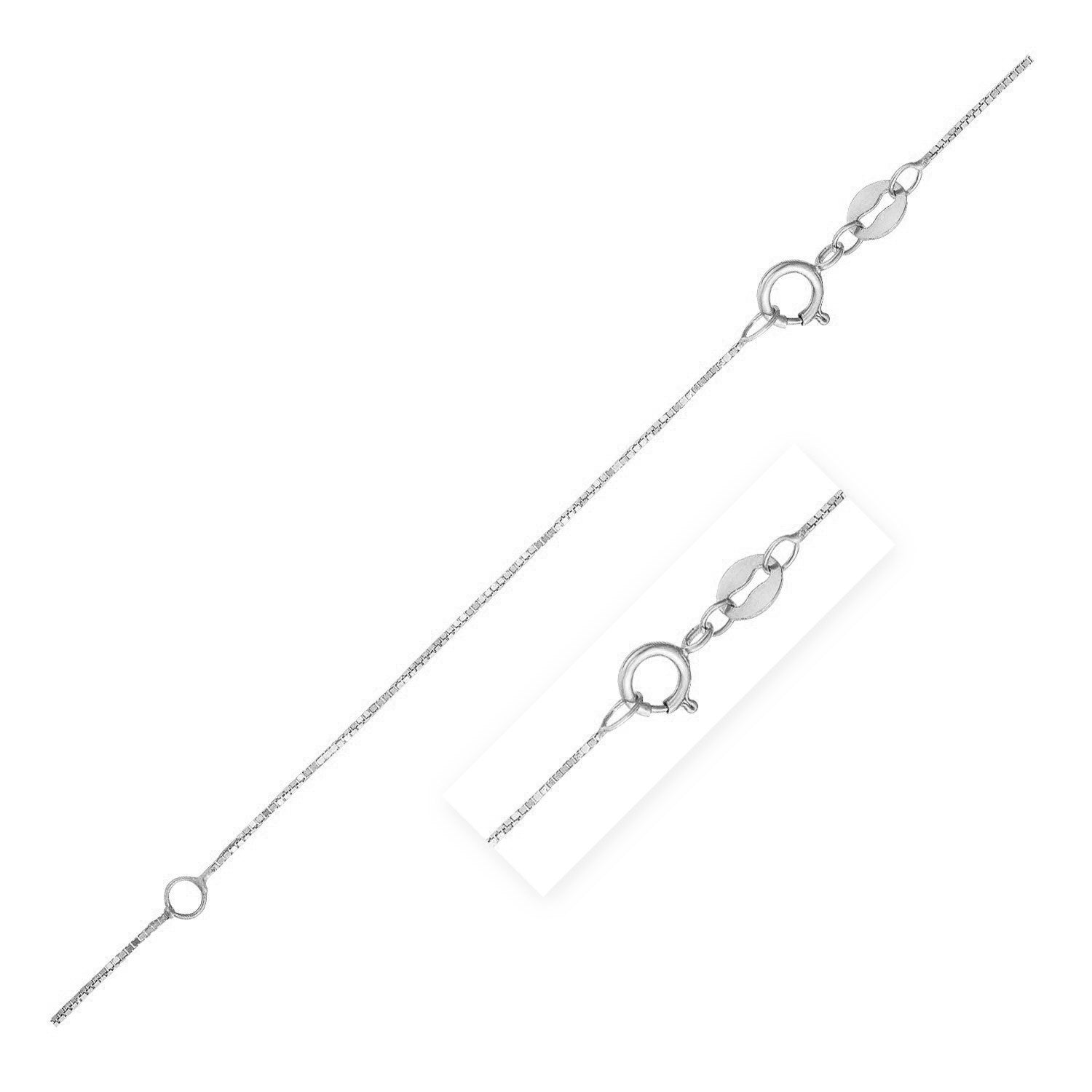 A double extendable 14k white gold box chain with a spring ring clasp.