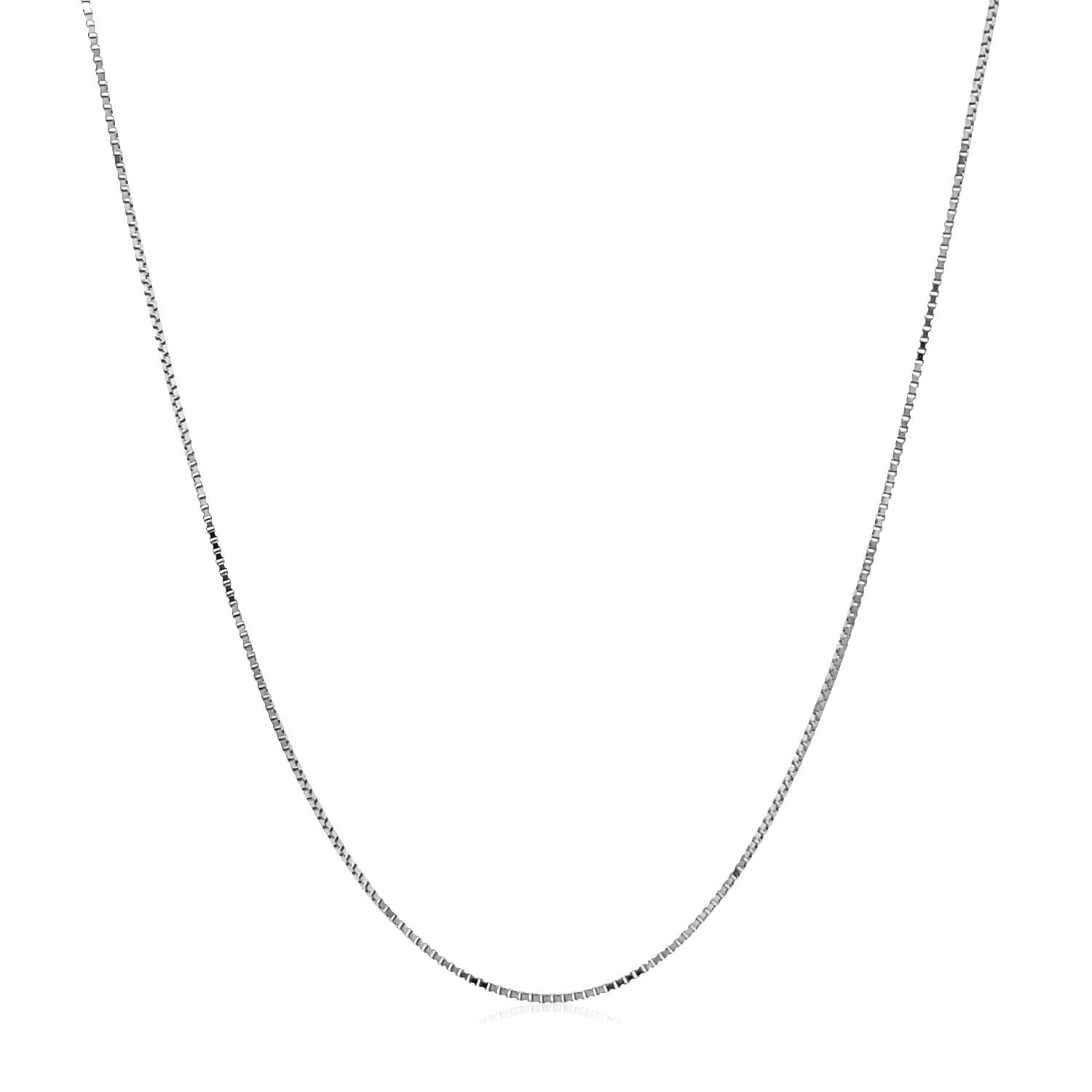A delicate 14k white gold box chain with a subtle reflection.