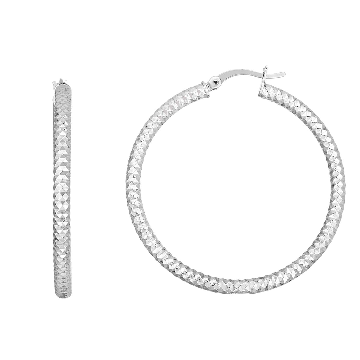 Sterling silver large hoop earrings with a braid texture and hinged snap backs.