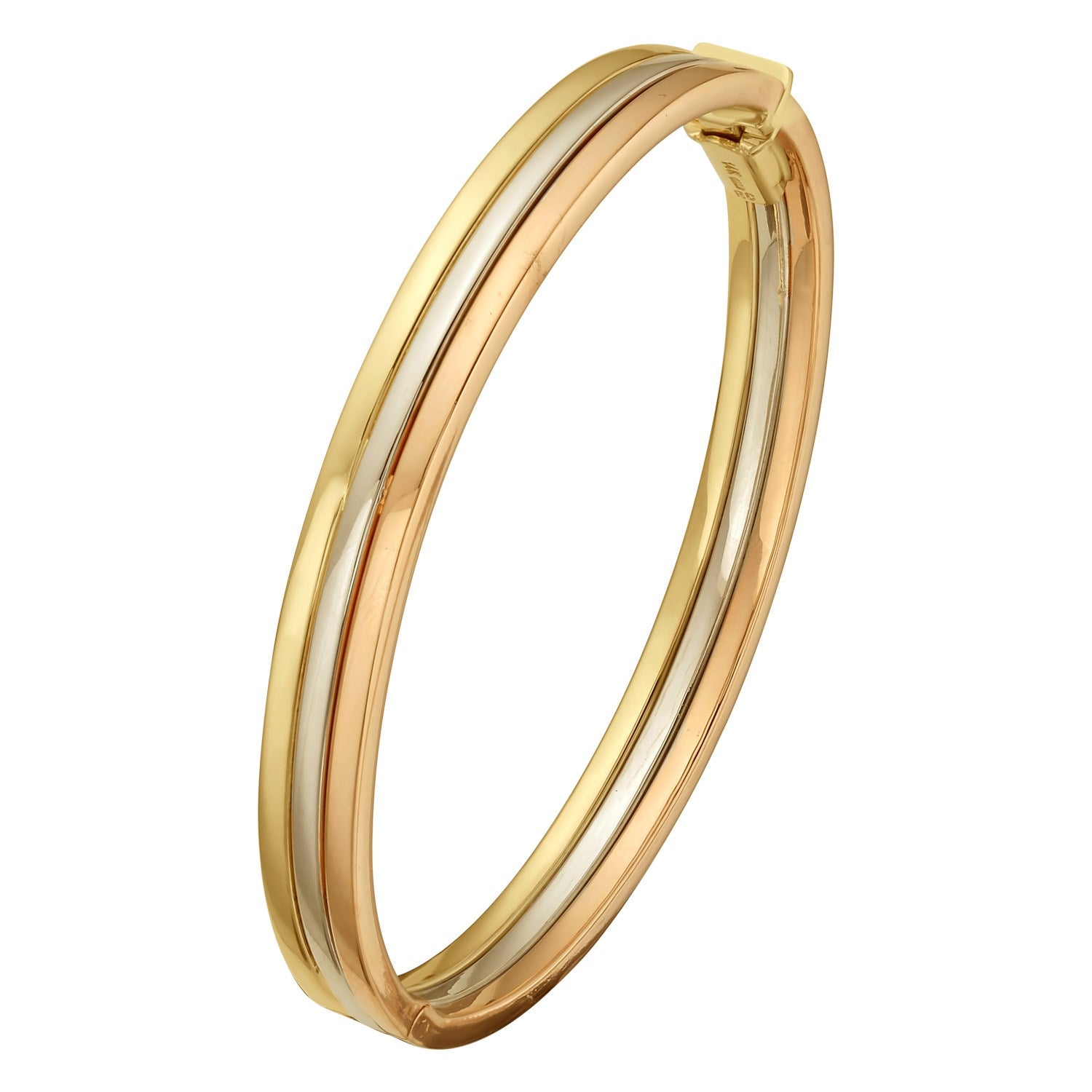 14K tri-color gold layered trinity bangle with a box clasp.