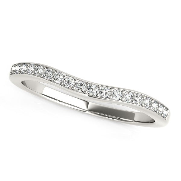 14k white gold curved wedding ring with prong-set round diamonds.