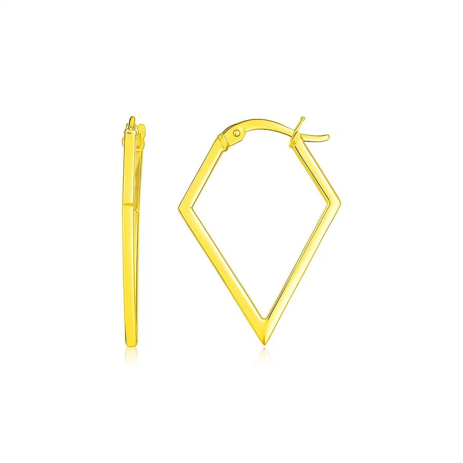 14K yellow gold diamond-shaped hoop earrings with hinged snap backs.