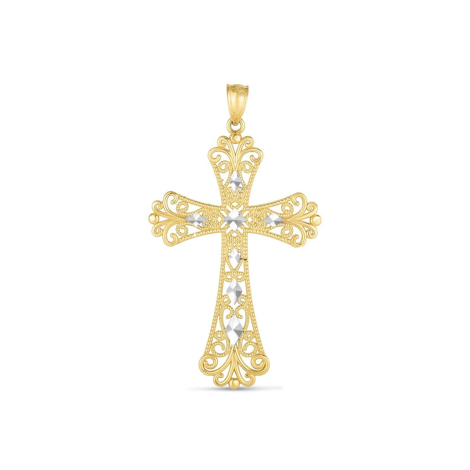 14k two-tone gold high polish diamond cut cross pendant with filigree details.