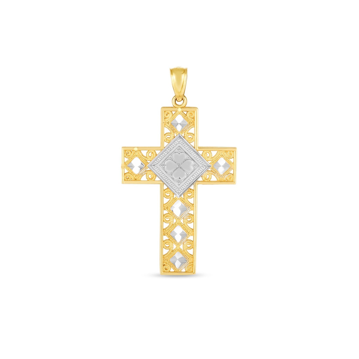 14k two-tone gold high polish diamond cut cross pendant.