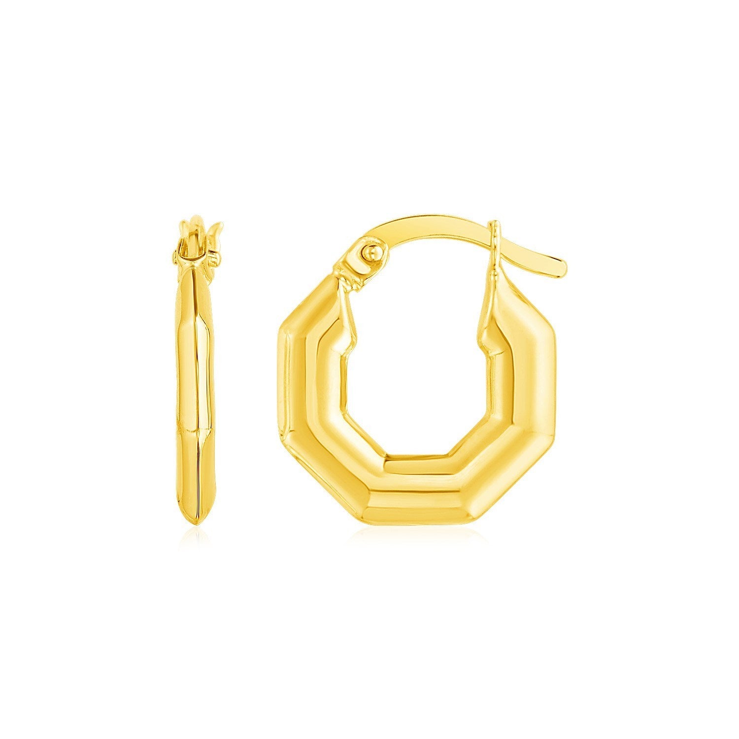 A pair of 14k yellow gold octagon hoop earrings with hinged clasps.