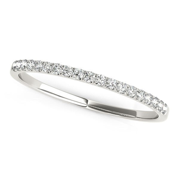 14k white gold wedding ring with pave set round diamonds.