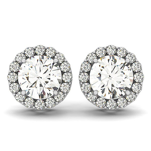 Pair of 14k white gold round halo diamond stud earrings with push backs.