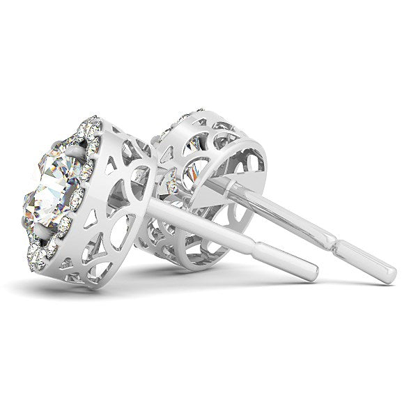 14k white gold round halo diamond earrings with filigree sides and push backs.