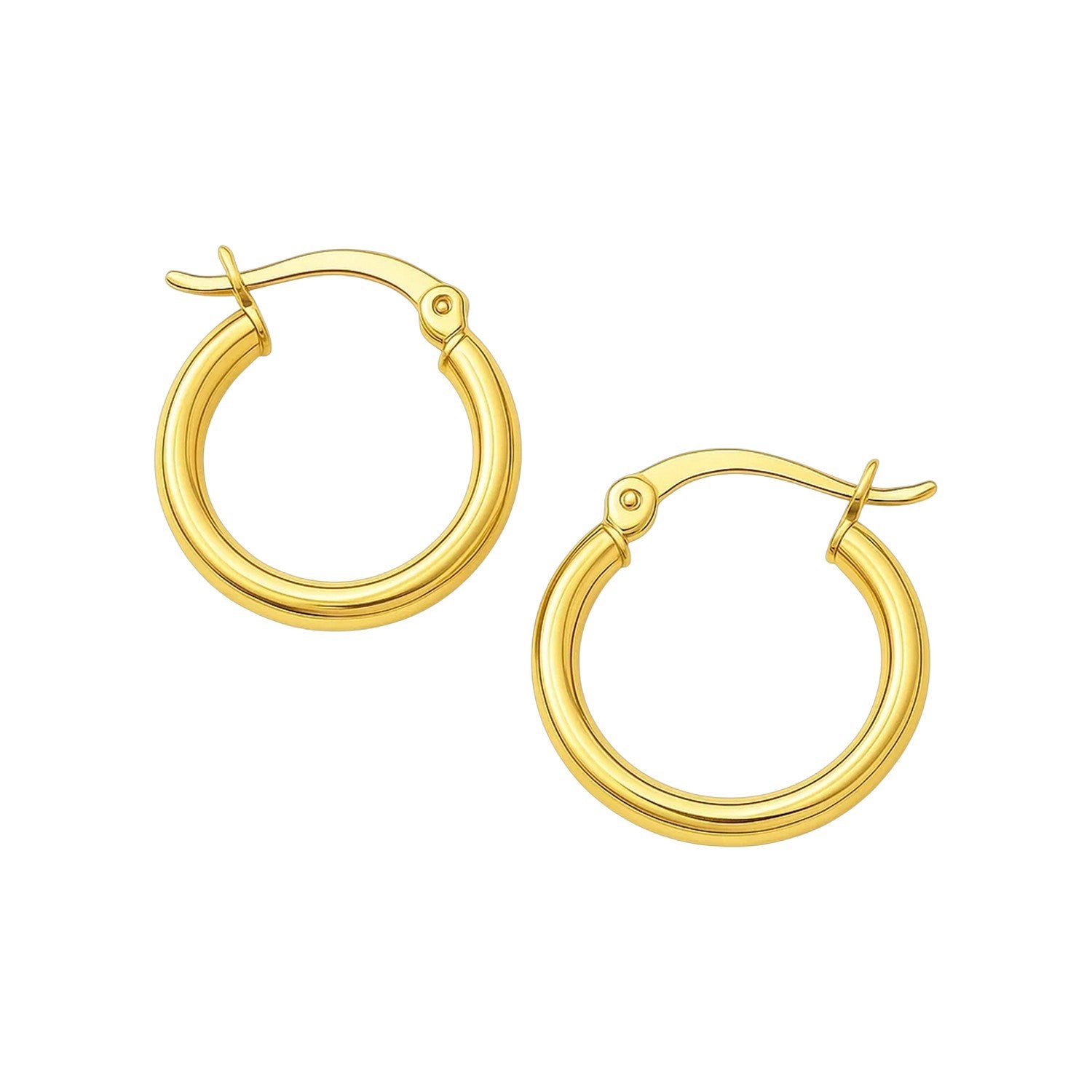 A pair of polished 10k yellow gold hoop earrings with snap lock backings.
