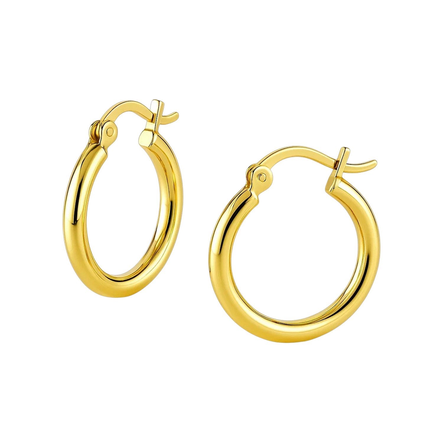 A pair of polished 10k yellow gold hoop earrings with snap lock backings.