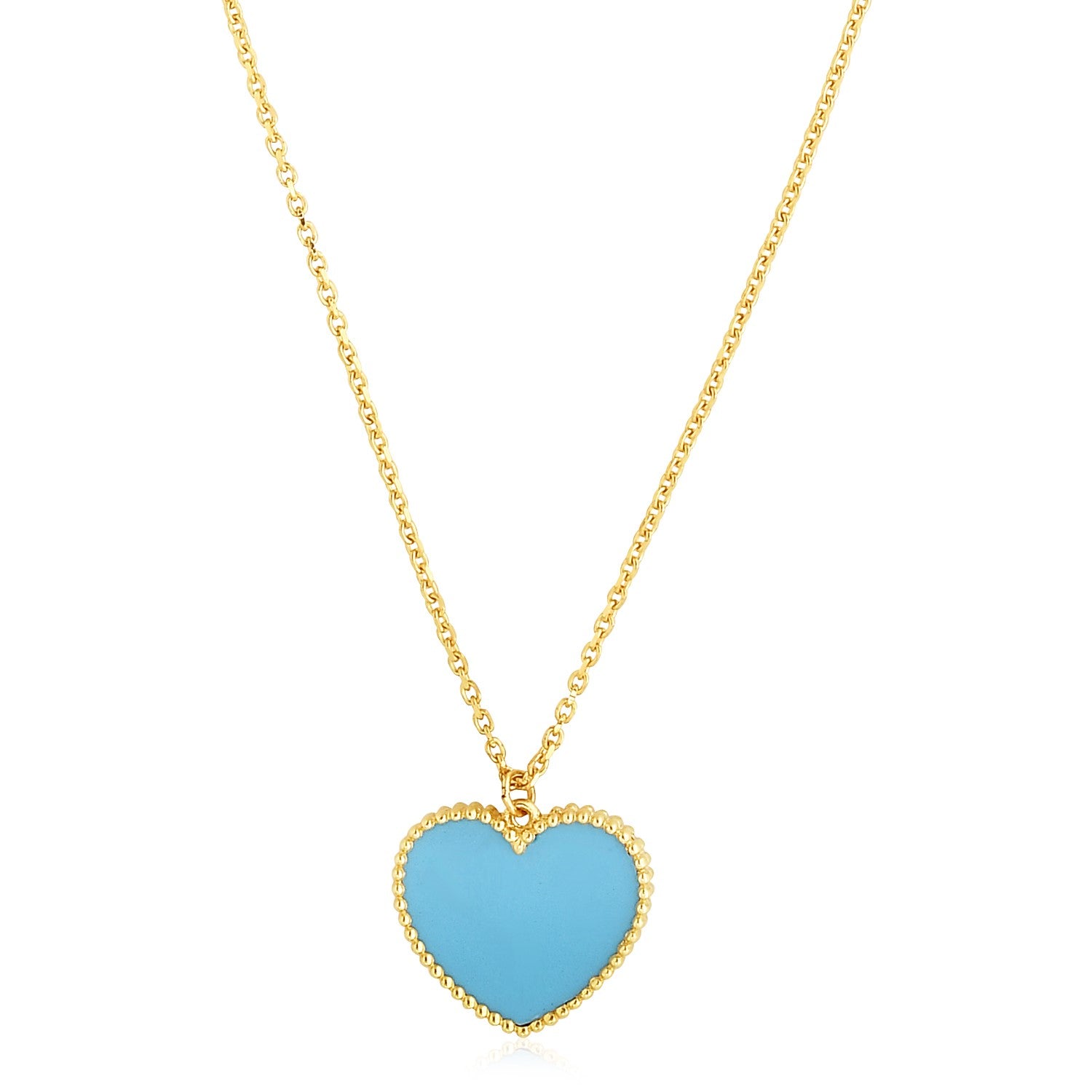 14k yellow gold necklace with a turquoise paste heart pendant.
