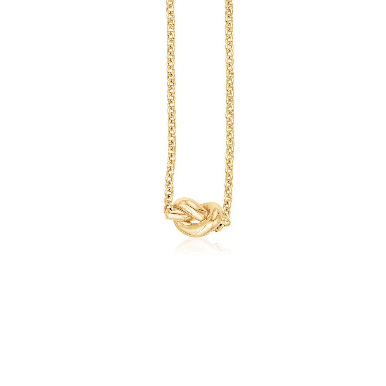 14k yellow gold chain necklace with a polished knot pendant.