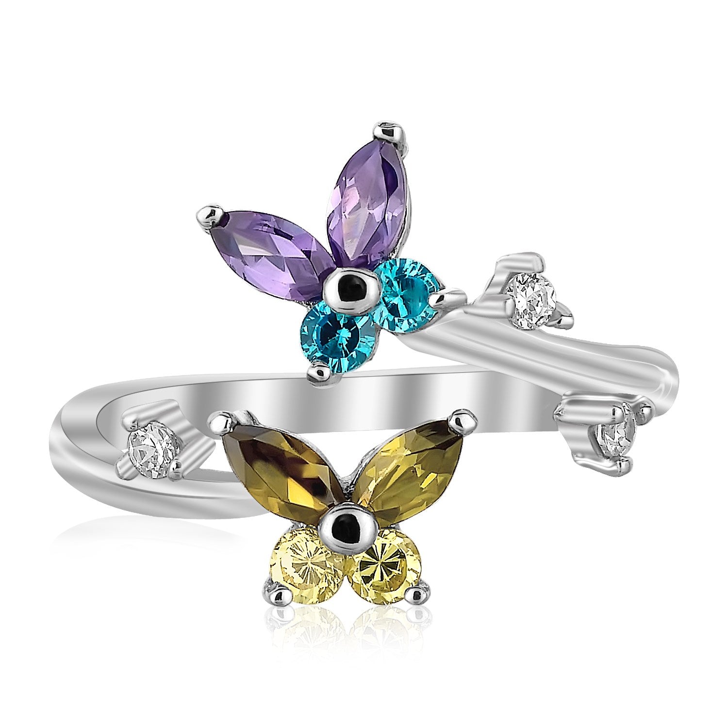 Sterling silver rhodium-plated floral toe ring with multi-tone cubic zirconia.