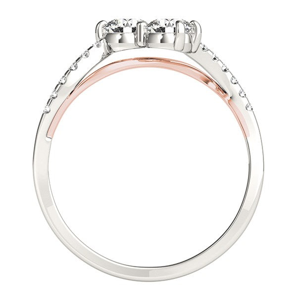 Two-stone diamond ring with a curved band in 14k white and rose gold.