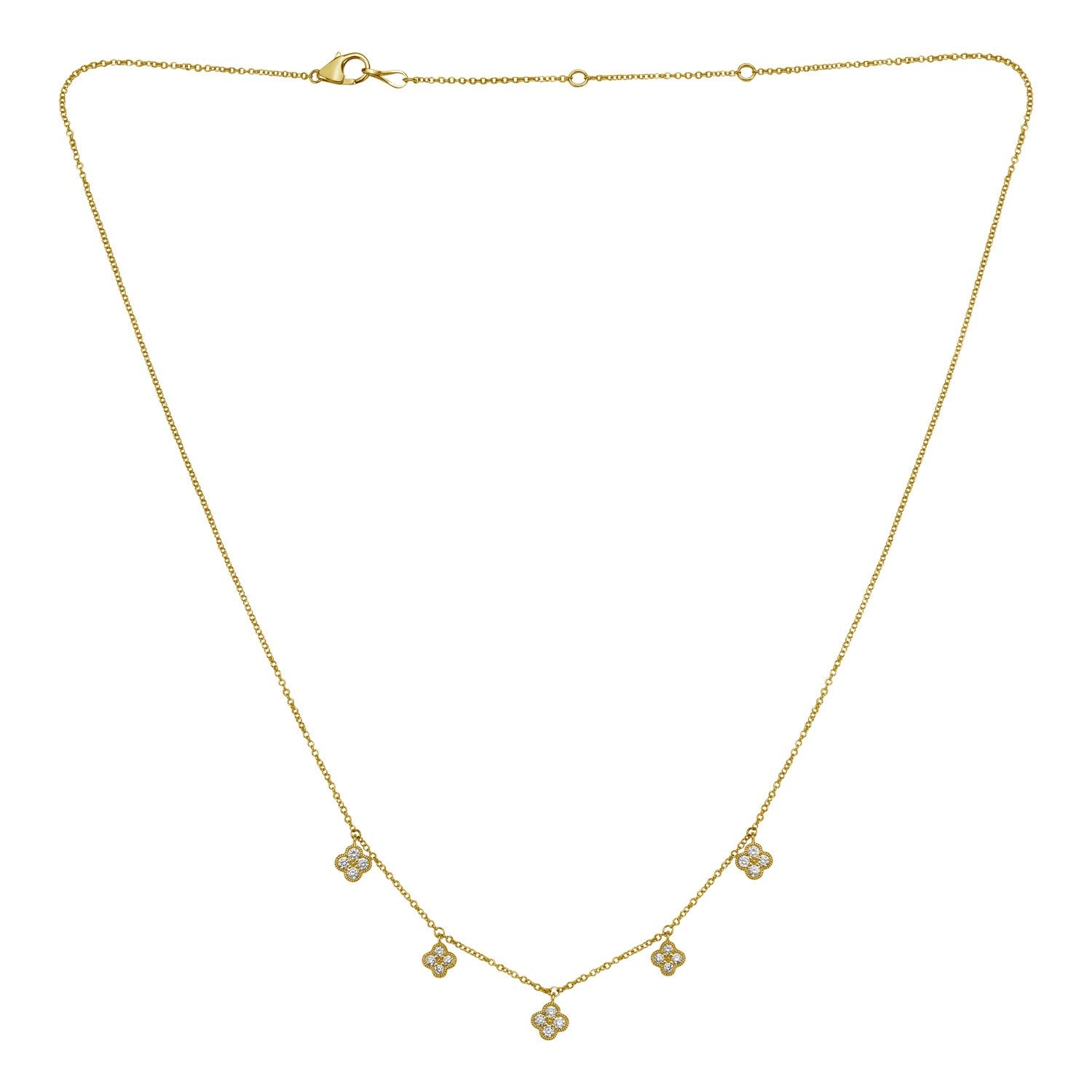 14K yellow gold diamond flower necklace with a lobster clasp.