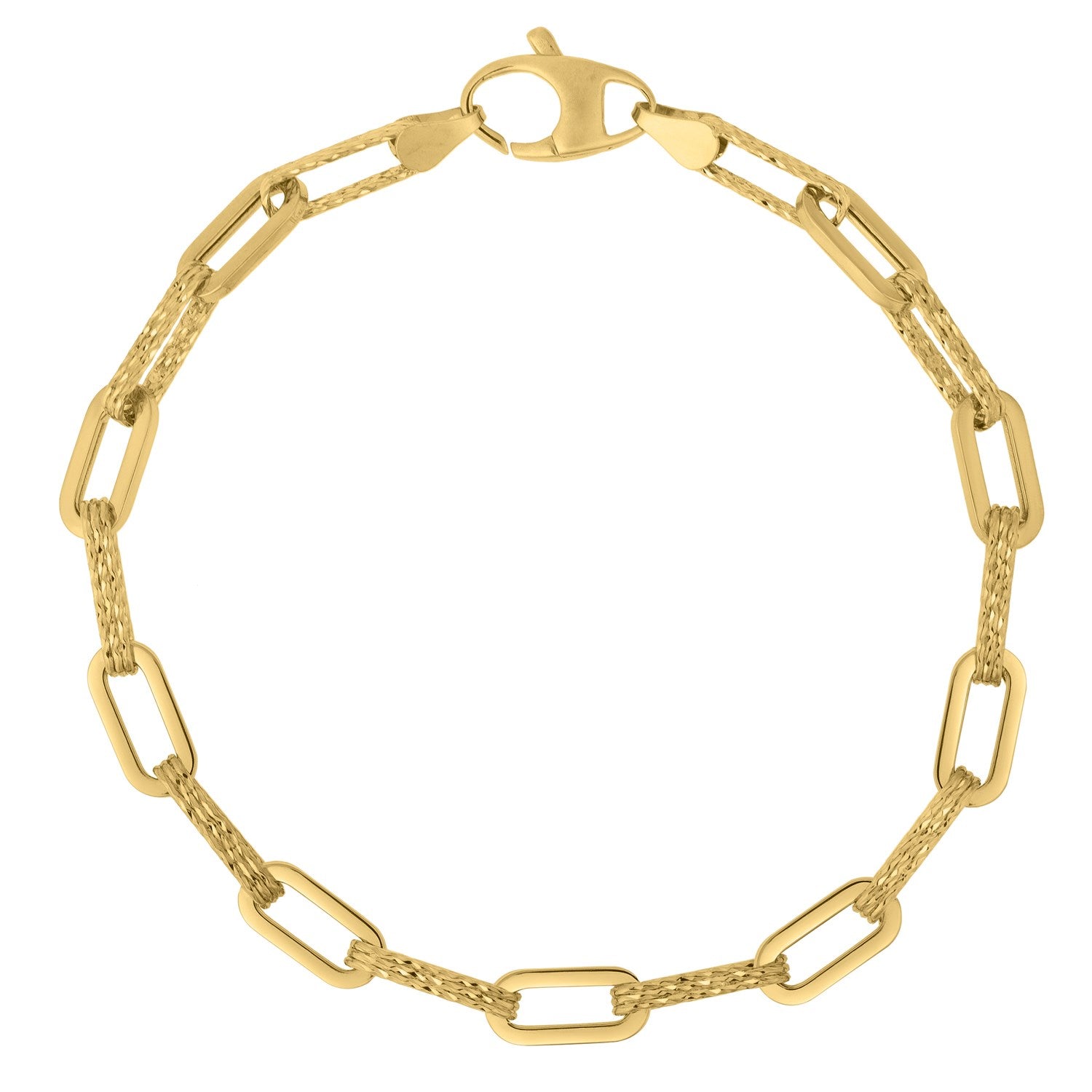 14k yellow gold diamante paperclip chain bracelet with a lobster clasp.
